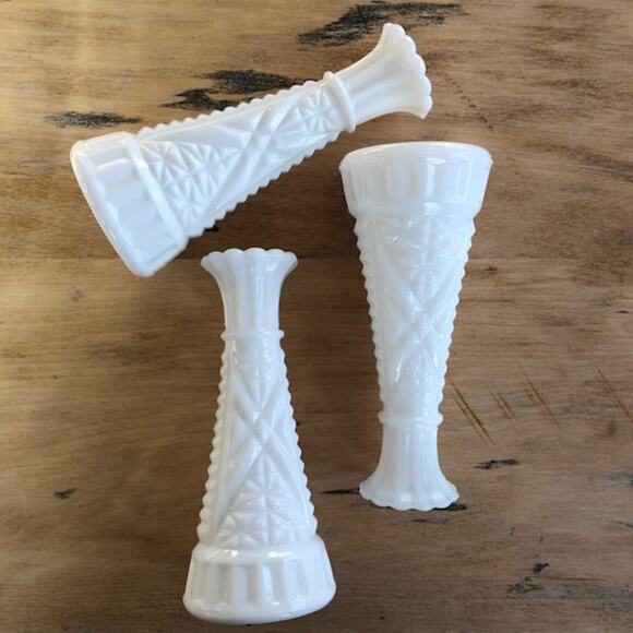 Collection of 3 Vintage White Milk Glass Stars & Bars 6” Vases - Picture 6 of 6